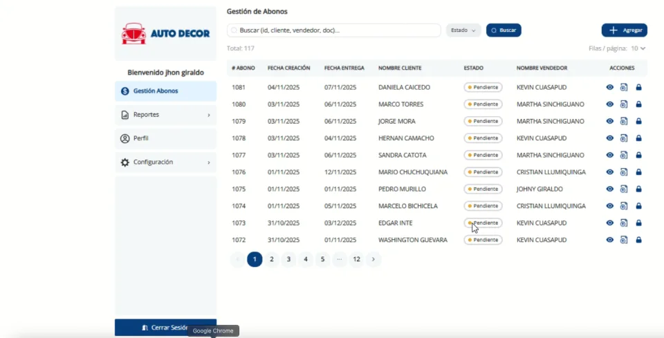 Panel de gestión de abonos de SGA